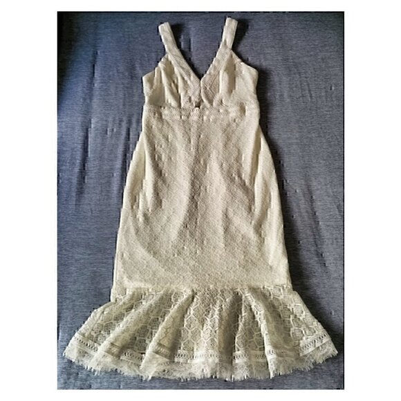 GUESS Ivory Lace Midi Dress Sheer Ruffle Coctail Party Wedding Guest Formal - Picture 2 of 7